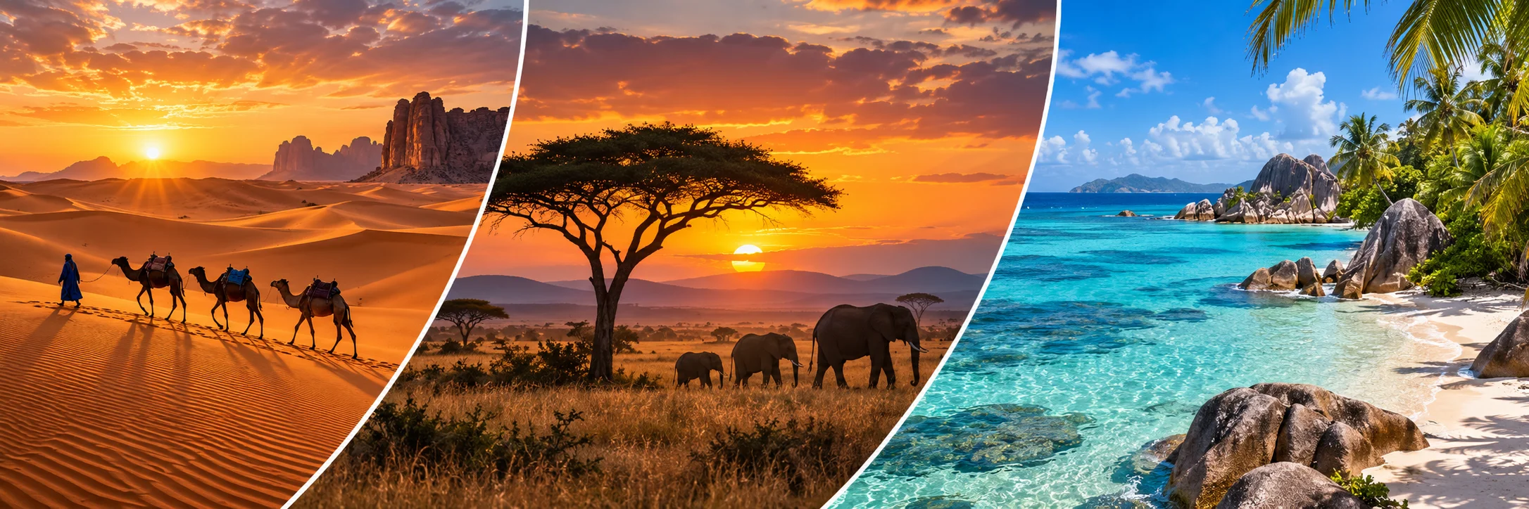 Désert du Sahara, savane africaine et plage tropicale des Seychelles