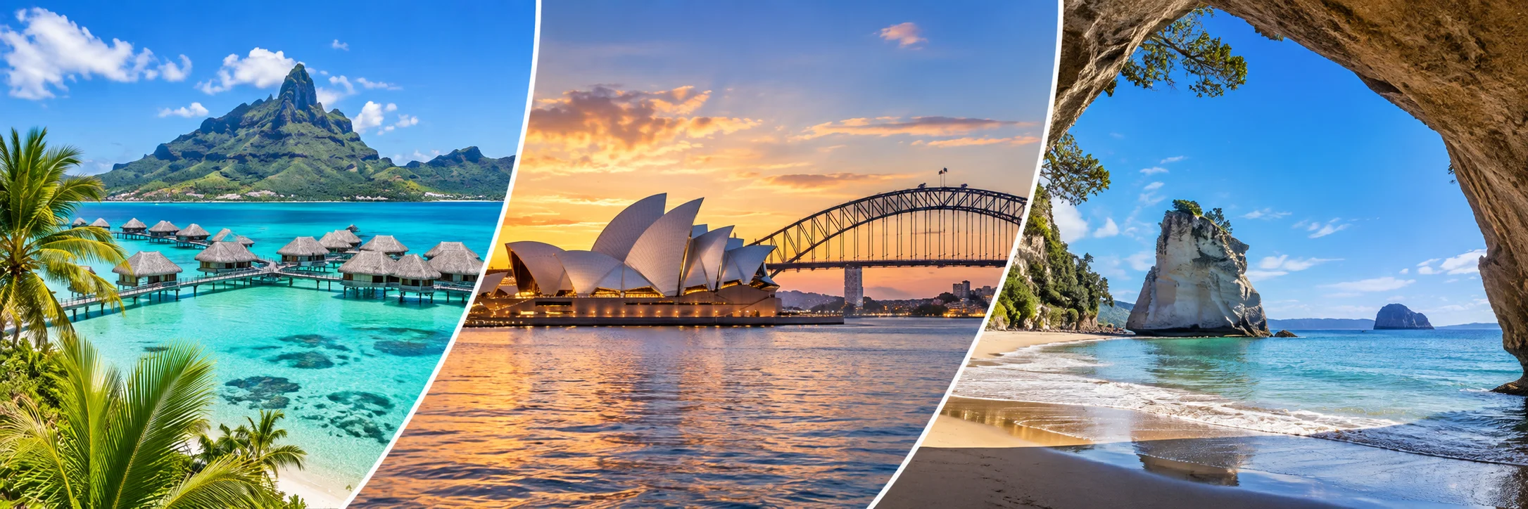 Bora Bora en Polynésie française, Opéra de Sydney et côte de Nouvelle-Zélande